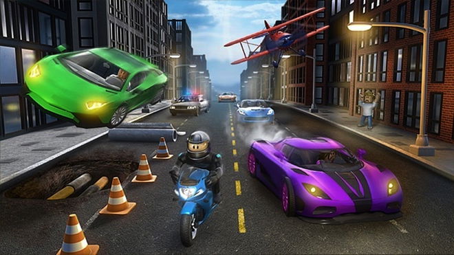 Screenshot featuring a Roblox character on a blue motorbike, flanked by a purple supercar to its left and a green one to its right. A red bi-plane can be seen flying overhead.