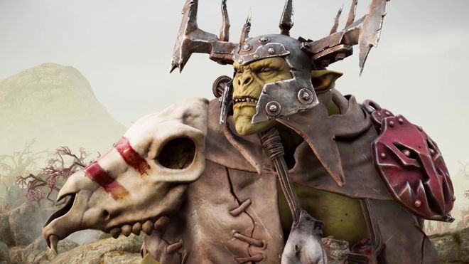 An Orc wearing a metal helmet and bone spaulders