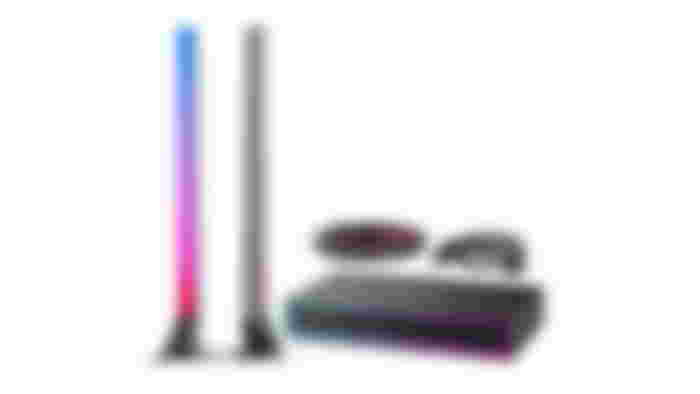 Govee AI Gaming Sync Box product image of two tall blue, purple, and pink gradient lights next to a black box.