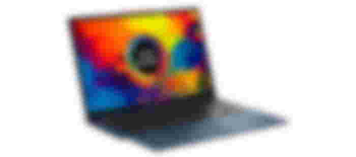 ASUS Vivobook S 15 S5504VA product image of a blue laptop with black keys and a multicoloured pattern on the display.