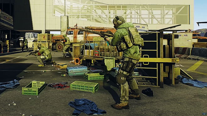 Escape From Tarkov Arena soldiers stood on airport runway, surrounded by debris