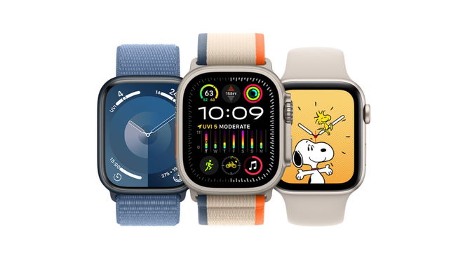 Three Apple Watch models displaying different watch faces: a blue watch with a simple clock face, a gray watch with a colorful activity tracker, and a cream watch featuring a Snoopy cartoon character. - How to Turn Off Downtime on Apple Watch