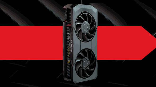 The AMD Radeon RX 7600 XT GPU on a black and red background gradient 