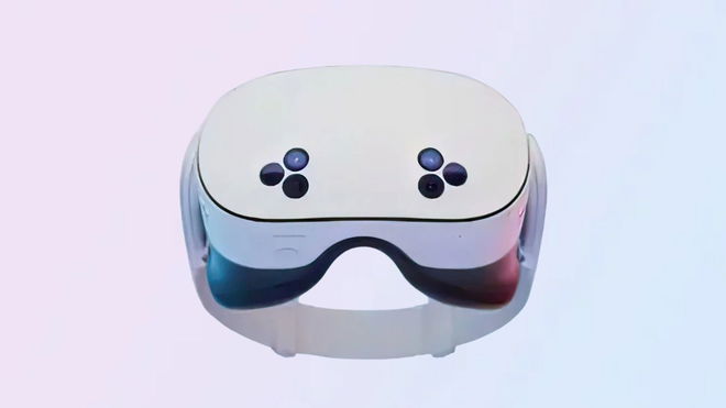 A white Meta Quest 2 with six cameras in two groups in front of a white background