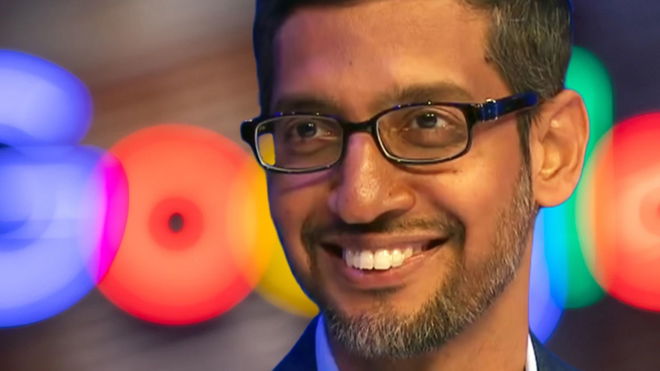 Google pays $391 million for tracking users without consent; Google ceo on top of a blurred background 
