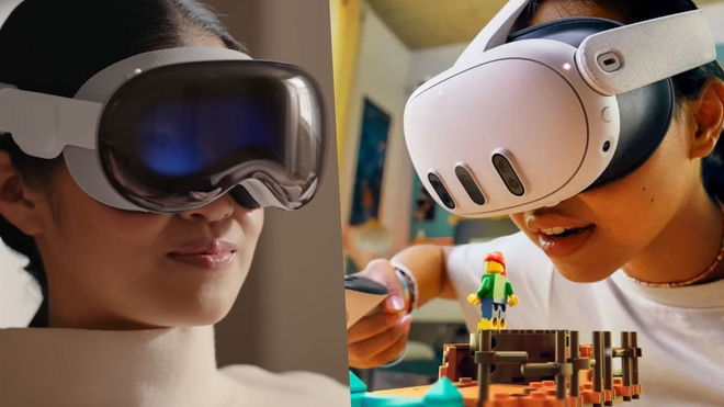 A side by side split image showing the Apple Vision Pro against the more fun Meta Quest 3