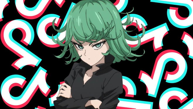 An image of Tatsumaki with TikTok logos in the background - NSFW filter
