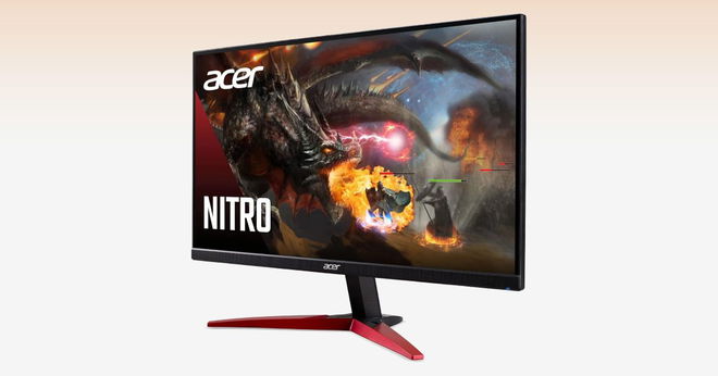 A black monitor with a red base and an image of a dragon breathing fire on the display.