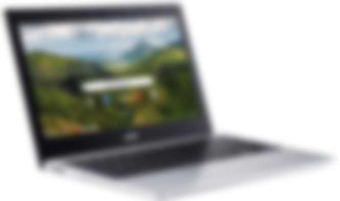 Acer Chromebook 311 product image of a silver laptop with a black keyboard and a mountain scene on the display.