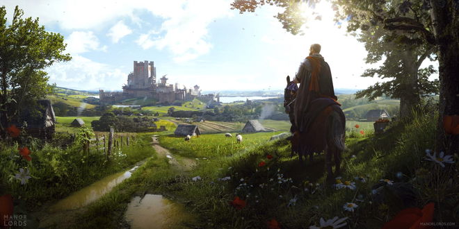 manor lords promo art man on horse standing on grass viewing town and castle in distance