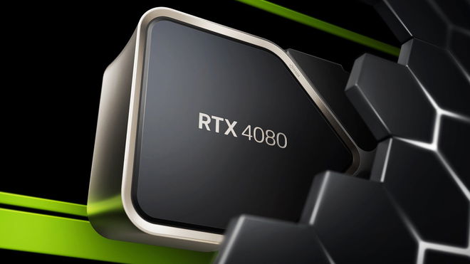 Nvidia RTX 4080 GPU flying out of some sci-fi hexagons