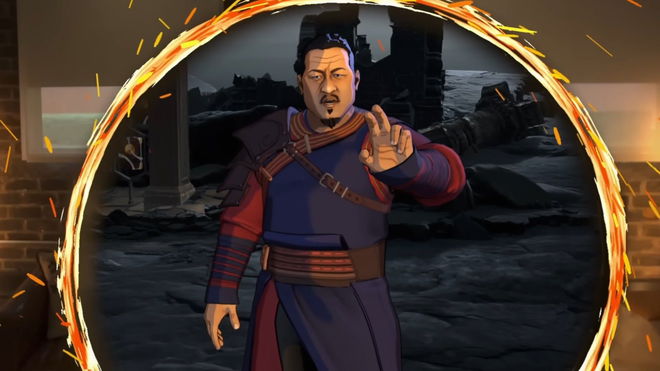 Wong inside an orange-ring portal to another world in Marvel's What If VR experience