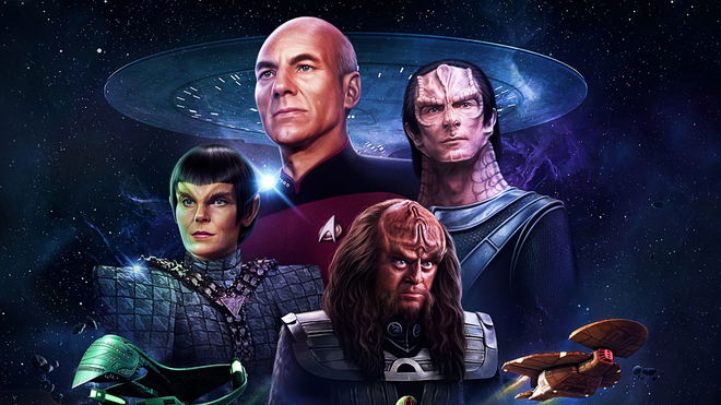 Four Star Trek characters stand in front of a space background and a spaceship