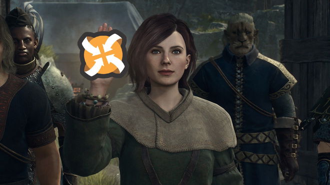 Pawn holding her hand up and revealing the Nexus Mods logo in Dragon's Dogma 2