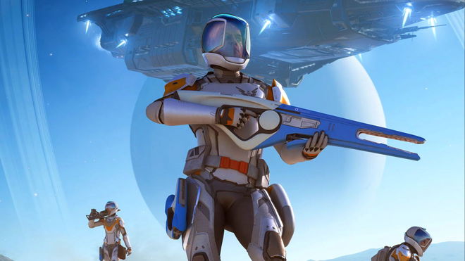 Elite Dangerous character stares off into the distance with a planet and spaceship behind them