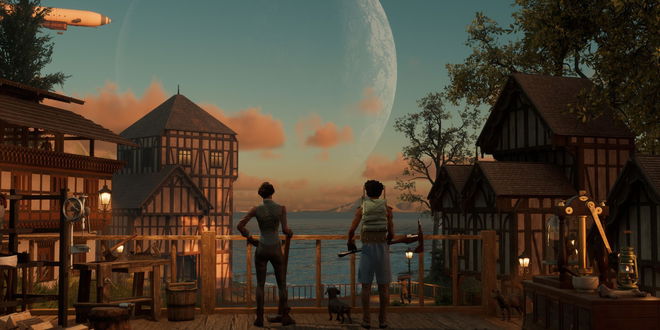 2 Nightingale characters standing in front of a sea in nightingale with a pet