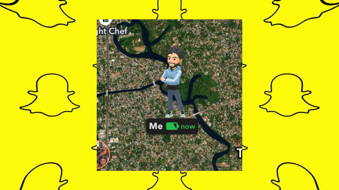 Snap Map with a Bitmoji and battery icon indicating device battery level, set against a yellow Snapchat logo background - remove