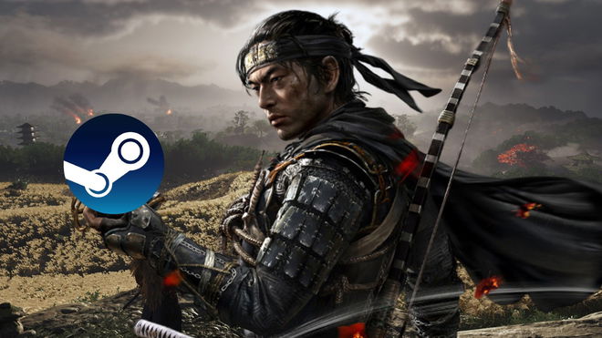Jin Sakai from Ghost of Tsushima key art holding the Steam storefront logo