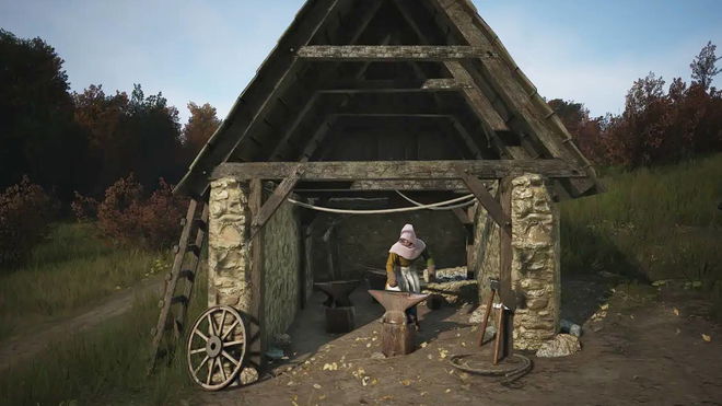 A Manor Lords Smithy, with a blacksmith working at the anvil.