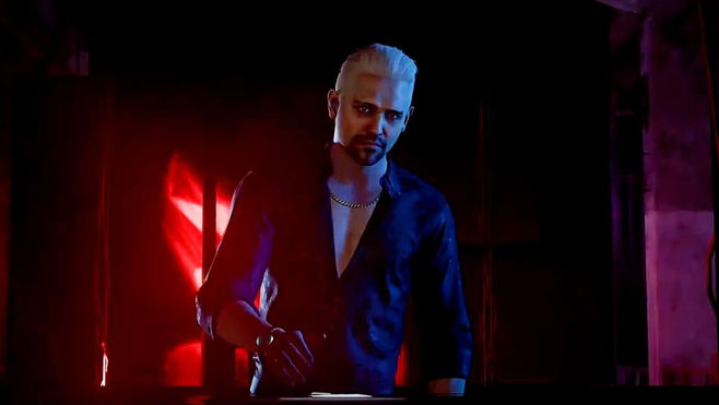 Hitman World of Assassination: elusive target man stands at a DJ deck with red lights behind him.