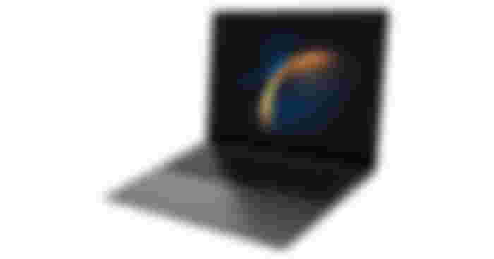 Samsung Galaxy Book3 Pro product image of a dark grey and black thin laptop with a dark blue and orange circular pattern on the display.