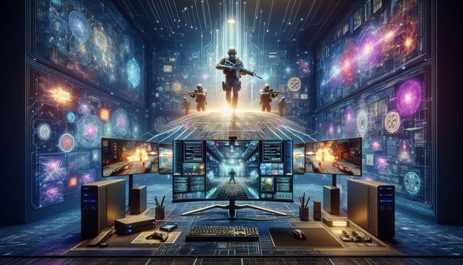 a man is playing a video game on a computer in a futuristic room .