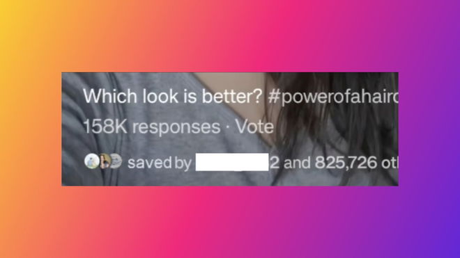 An image that falsely shows a Instagram “Saved by” feature with “[username] and 825,726 others.” Background is a gradient of orange, yellow, pink, and purple.