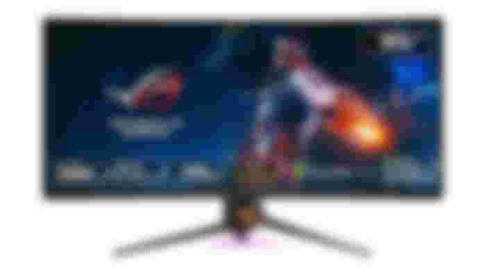 ASUS ROG Swift PG35VQ product image of a black ultrawide monitor with the ROG logo in white and orange on the display and a video game character with an orange lit-up weapon in their hand.