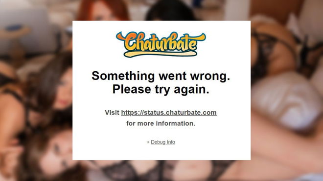 An image of the error message of the Chaturbate bad gateway error with a blurred images of some models in the background