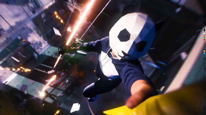 The Finals - person in a panda mask holding a submachine gun while hanging off a vertical yellow rope.