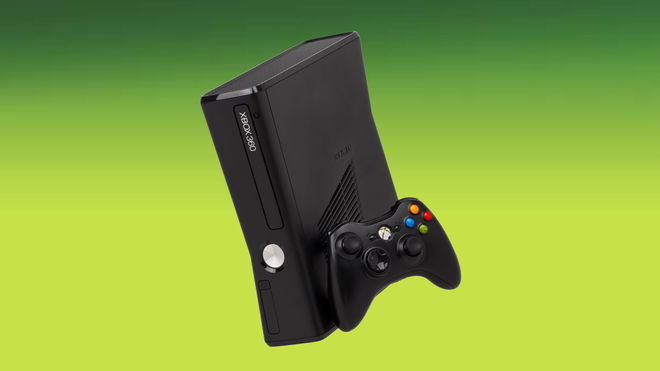A tilted black Xbox 360 console 
