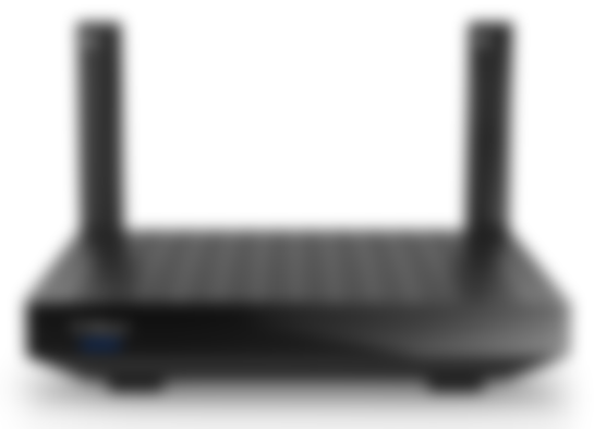 Linksys Hydra Pro 6 product image of a black router with white and blue branding on the front and two antenna sticking out the back.