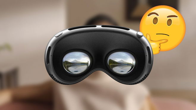 View of Apple Vision Pro displays in front of a thinking emoji