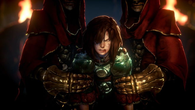 No Rest for the Wicked player being held by cloaked people