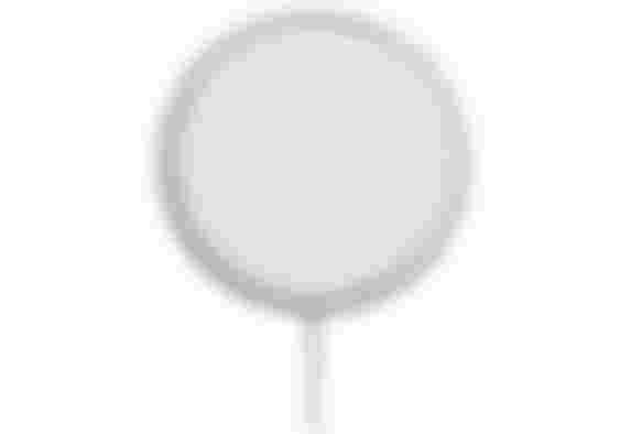 Apple Mag-Safe Charger product image of a white wireless charging pad.