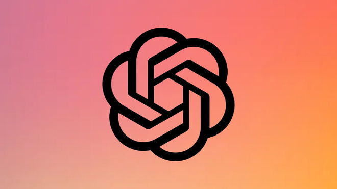 The OpenAI logo in front of a red-orange gradient background