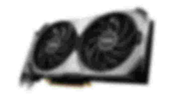 GeForce RTX 4070 product image of a black and grey graphics card with two fans.