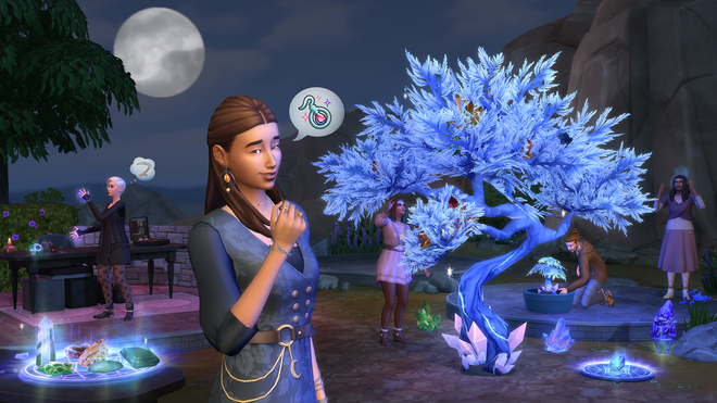 The Sims 4 character checking out crystals 