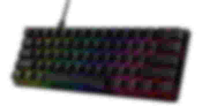HyperX Alloy Origins 60 product image of a wired, black, mechanical keyboard with multicoloured RGB backlit keys.