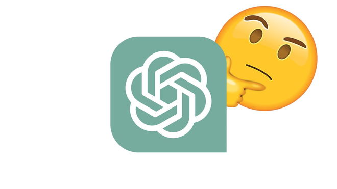 An OpenAI ChatGPT logo in front of a white background and a thinking emoji with a confused face in the top right corner