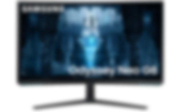 Samsung Odyssey Neo G8 product image of a black monitor a Sci-Fi scene in blue on the display.