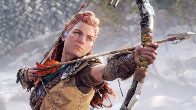 Aloy aiming her bow in Horizon Forbidden West