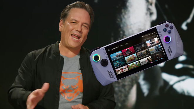 Phil Spencer, Head of Xbox, standing next to an image of an ASUS ROG Ally