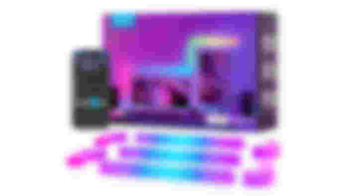 Govee Glide product image of blue and pink lights next to a phone and box.