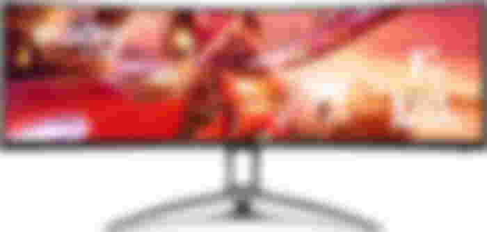 AOC Agon AG493UCX product image of a black and grey ultrawide monitor with a red rocket car on the display.