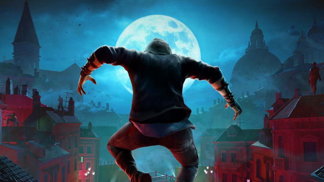 Vampire jumping off a rooftop in Vampire The Masquerade Justice key art