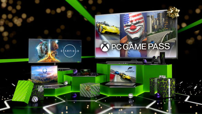 Gift wrapped presents and green hexagons with PC Game Pass advertised in the background.
