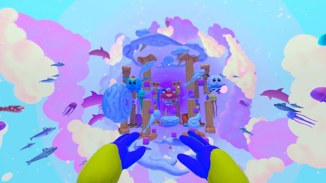 Someone holding their hands up in a level of Sky Climb in VR