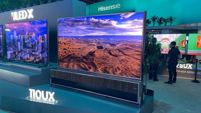 An image of the Hisense 110UX Mini-LED TV at the CES 2024 event