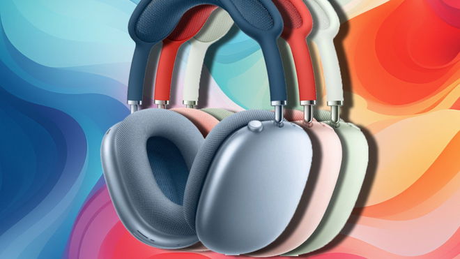 Three pairs of AirPods Max headphones sitting next to each other in a colorful liquid background.